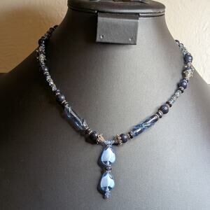 Blue Fused Glass Dangle Gold Stone Crystal Beaded 18" Necklace W/ Toggle Clasp